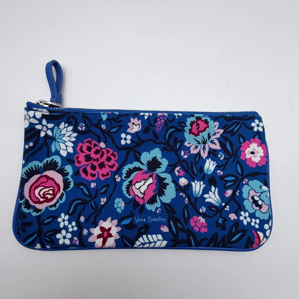 Vera Bradley‎ Blue Floral Canvas Zipper Pouch Cosmetic Makeup Bag Travel Case